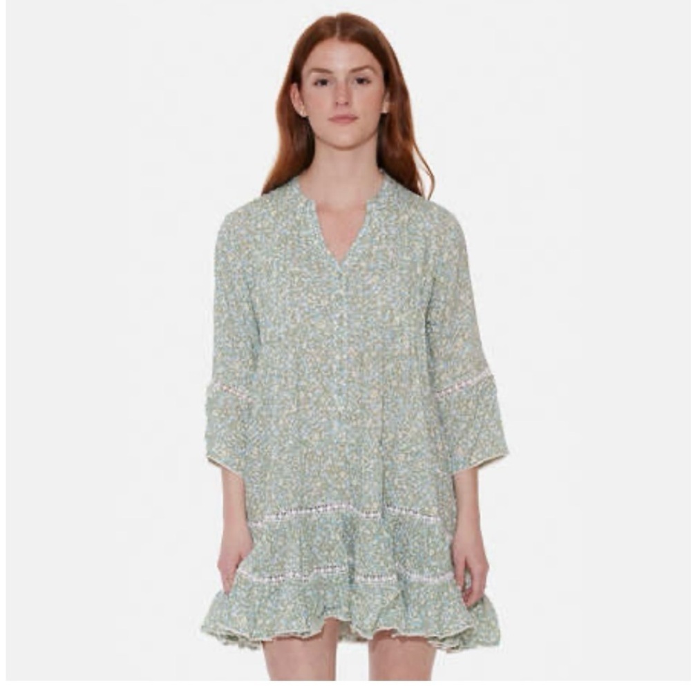 SUNDAY Saint Tropez Belize dotsFloral Green Dress with Ruffle Hem size M NWT
